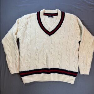 Brandy Melville Cream V-Neck Cable Knit Sweater with Red & Navy Trim